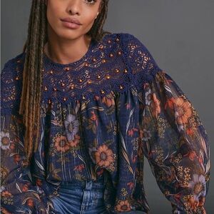 Navy Floral Smocked Yoke Long-Sleeve Blouse